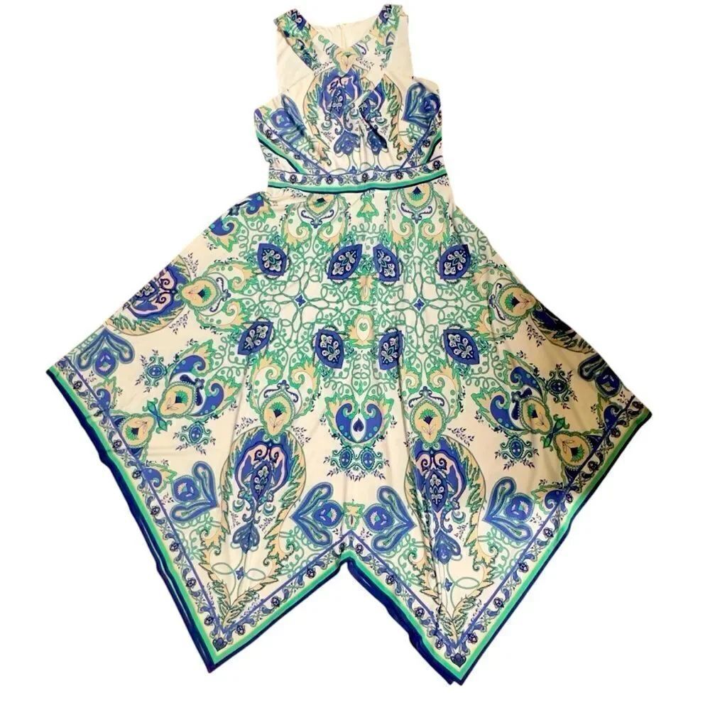 Donna Morgan Blue Green Paisley Print Asymmetrical Midi Dress Size 6